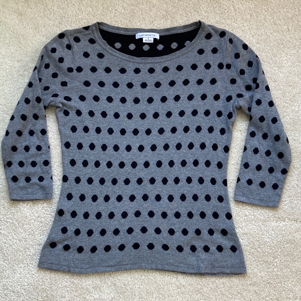 Liz Claiborne Gray and Black Polka Dot Knit Top